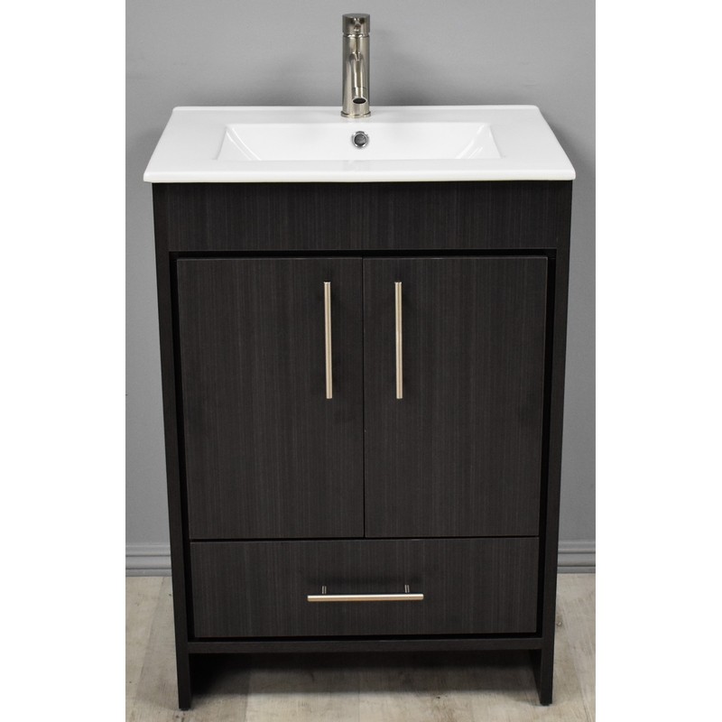 MTD VOLPA USA MTD-3124BA-14 PACIFIC 24 INCH MODERN BATHROOM VANITY IN BLACK ASH WITH INTEGRATED CERAMIC TOP AND STAINLESS STEEL ROUND HOLLOW HARDWARE