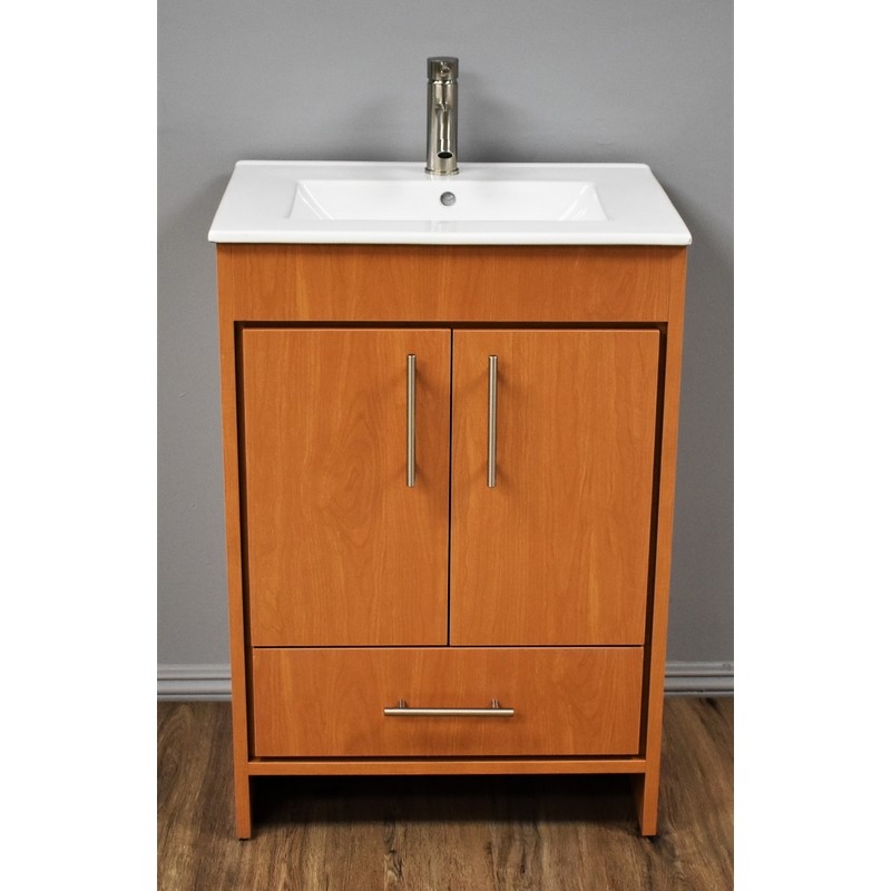 MTD VOLPA USA MTD-3124HM-14 PACIFIC 24 INCH MODERN BATHROOM VANITY IN HONEY MAPLE WITH INTEGRATED CERAMIC TOP AND STAINLESS STEEL ROUND HOLLOW HARDWARE