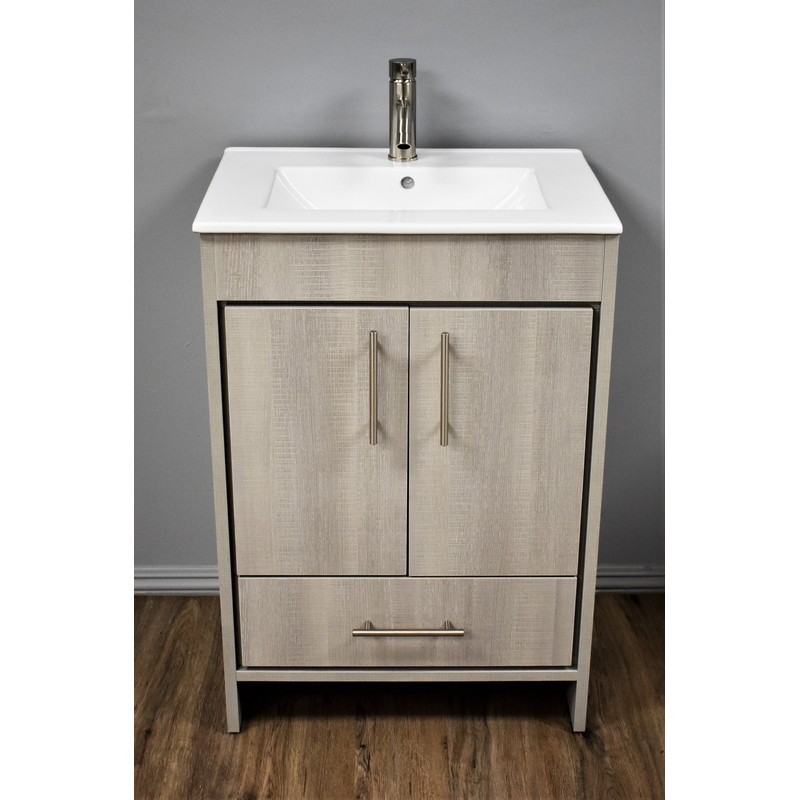 MTD VOLPA USA MTD-3124WG-14 PACIFIC 24 INCH MODERN BATHROOM VANITY IN WEATHERED GREY WITH INTEGRATED CERAMIC TOP AND STAINLESS STEEL ROUND HOLLOW HARDWARE