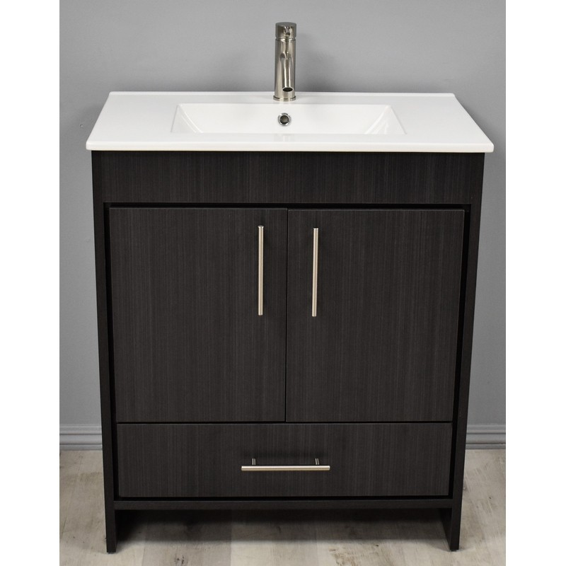 MTD VOLPA USA MTD-3130BA-14 PACIFIC 30 INCH MODERN BATHROOM VANITY IN BLACK ASH WITH INTEGRATED CERAMIC TOP AND STAINLESS STEEL ROUND HOLLOW HARDWARE