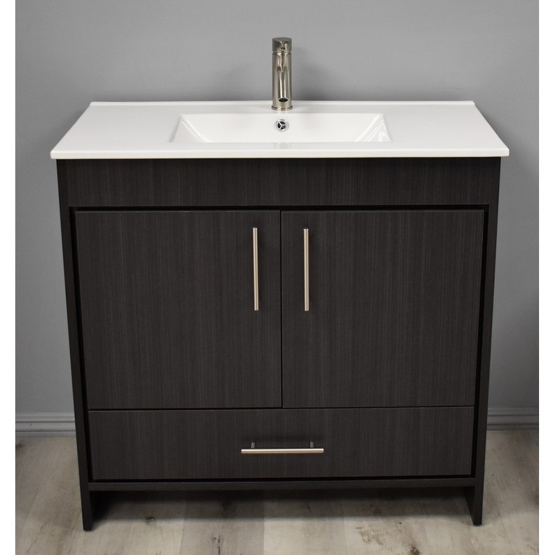 MTD VOLPA USA MTD-3136BA-14 PACIFIC 36 INCH MODERN BATHROOM VANITY IN BLACK ASH WITH INTEGRATED CERAMIC TOP AND STAINLESS STEEL ROUND HOLLOW HARDWARE