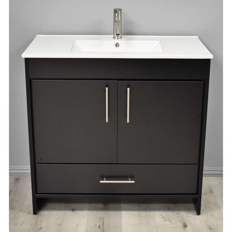 MTD VOLPA USA MTD-3136BK-14 PACIFIC 36 INCH MODERN BATHROOM VANITY IN BLACK WITH INTEGRATED CERAMIC TOP AND STAINLESS STEEL ROUND HOLLOW HARDWARE