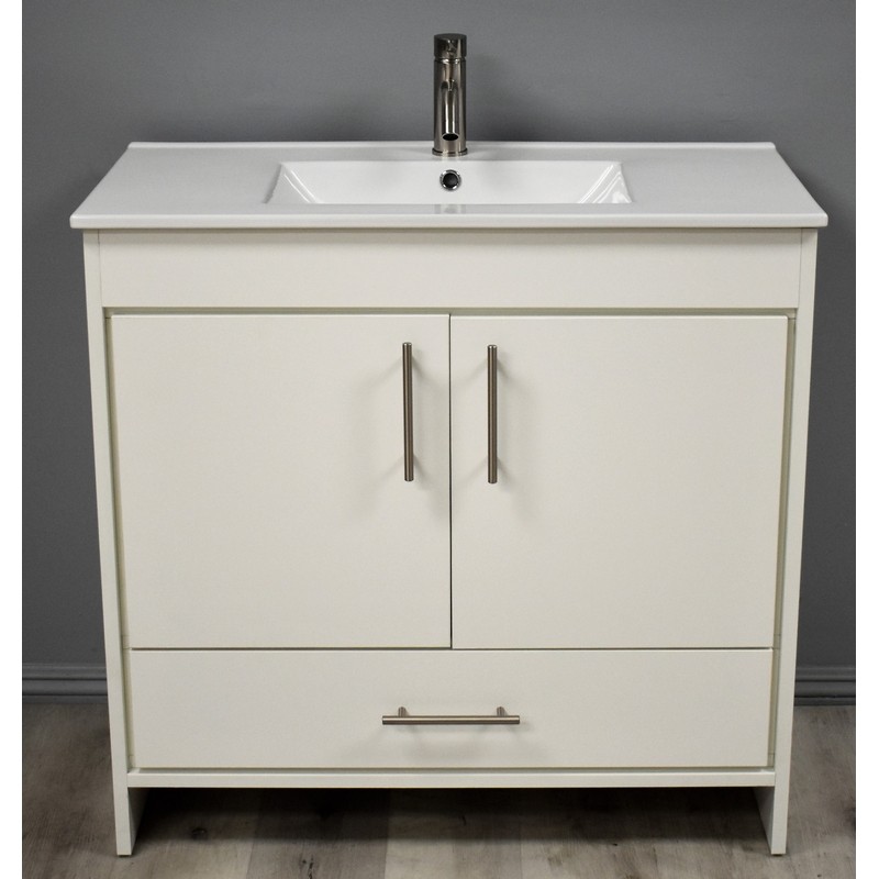 MTD VOLPA USA MTD-3136W-14 PACIFIC 36 INCH MODERN BATHROOM VANITY IN WHITE WITH INTEGRATED CERAMIC TOP AND STAINLESS STEEL ROUND HOLLOW HARDWARE