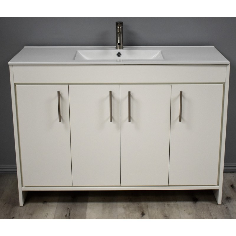 MTD VOLPA USA MTD-3148W-14 PACIFIC 48 INCH MODERN BATHROOM VANITY IN WHITE WITH INTEGRATED CERAMIC TOP AND STAINLESS STEEL ROUND HOLLOW HARDWARE