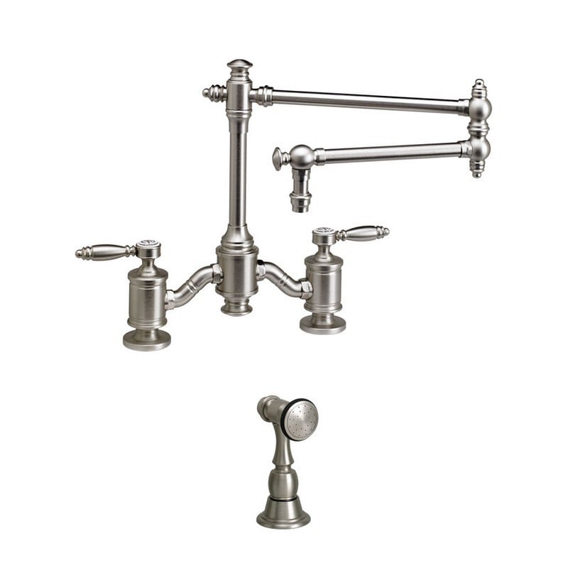 WATERSTONE FAUCETS 6100-18-1-AB TOWSON BRIDGE FAUCET WITH 18 INCH  ARTICULATED SPOUT WITH SIDE SPRAY, ANTIQUE BRASS