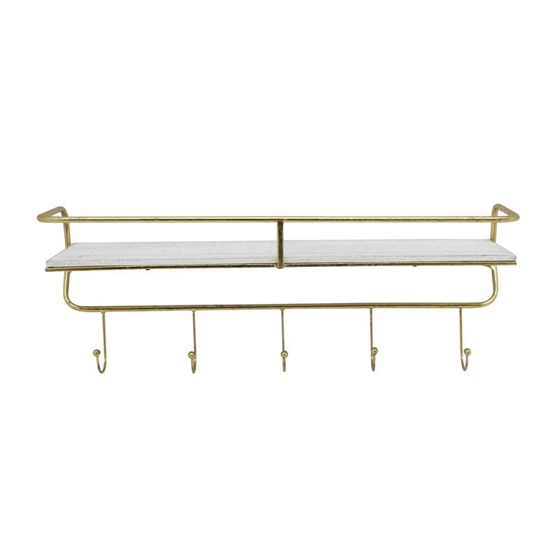SAGEBROOK HOME 13880-03 METAL AND WOOD 5 HOOK WALL SHELF - WHITE AND GOLD
