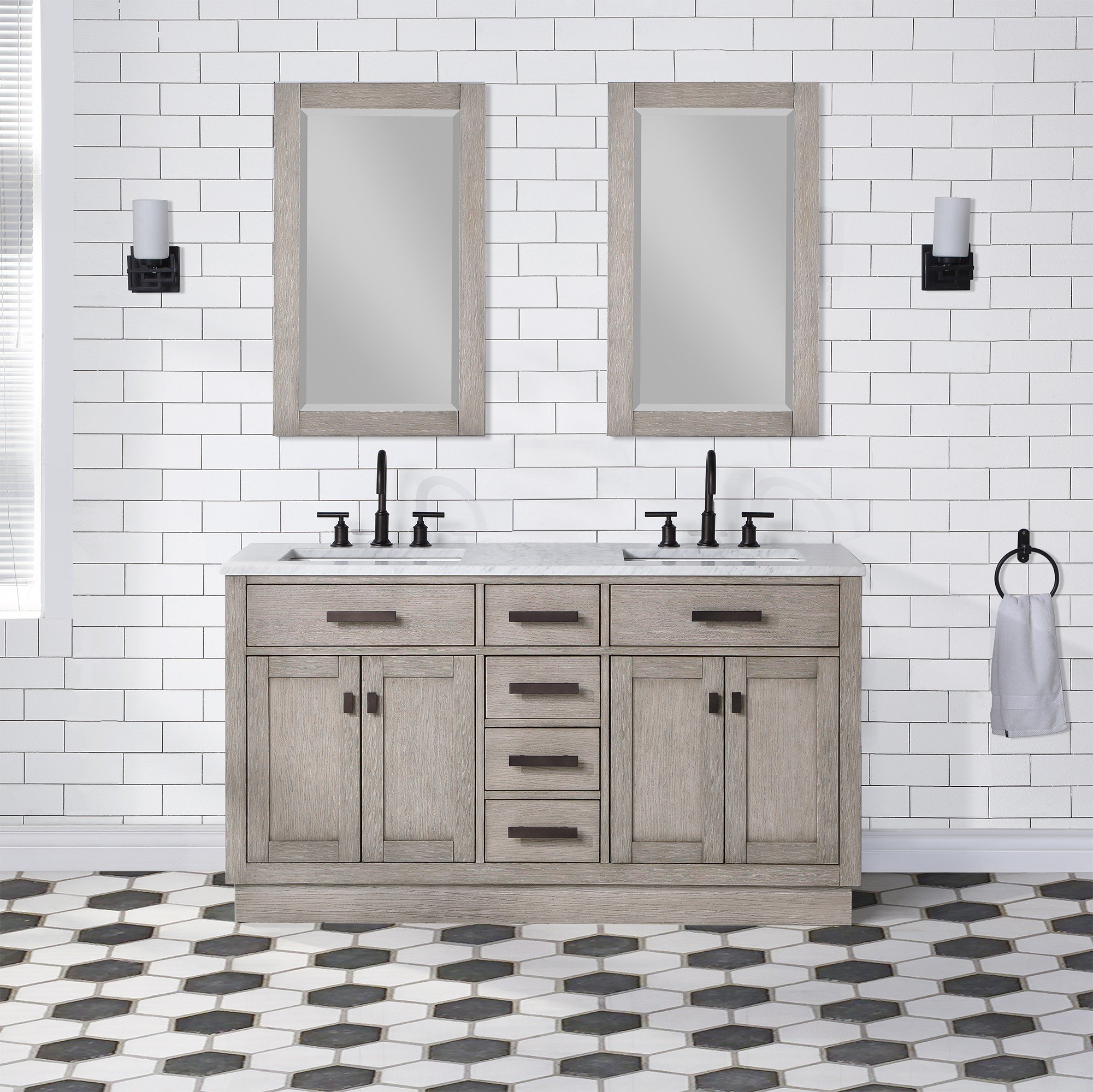 WATER-CREATION CH60CW03GK-R21BL1403 CHESTNUT 60 INCH DOUBLE BATHROOM VANITY WITH MIRRORS IN GREY OAK