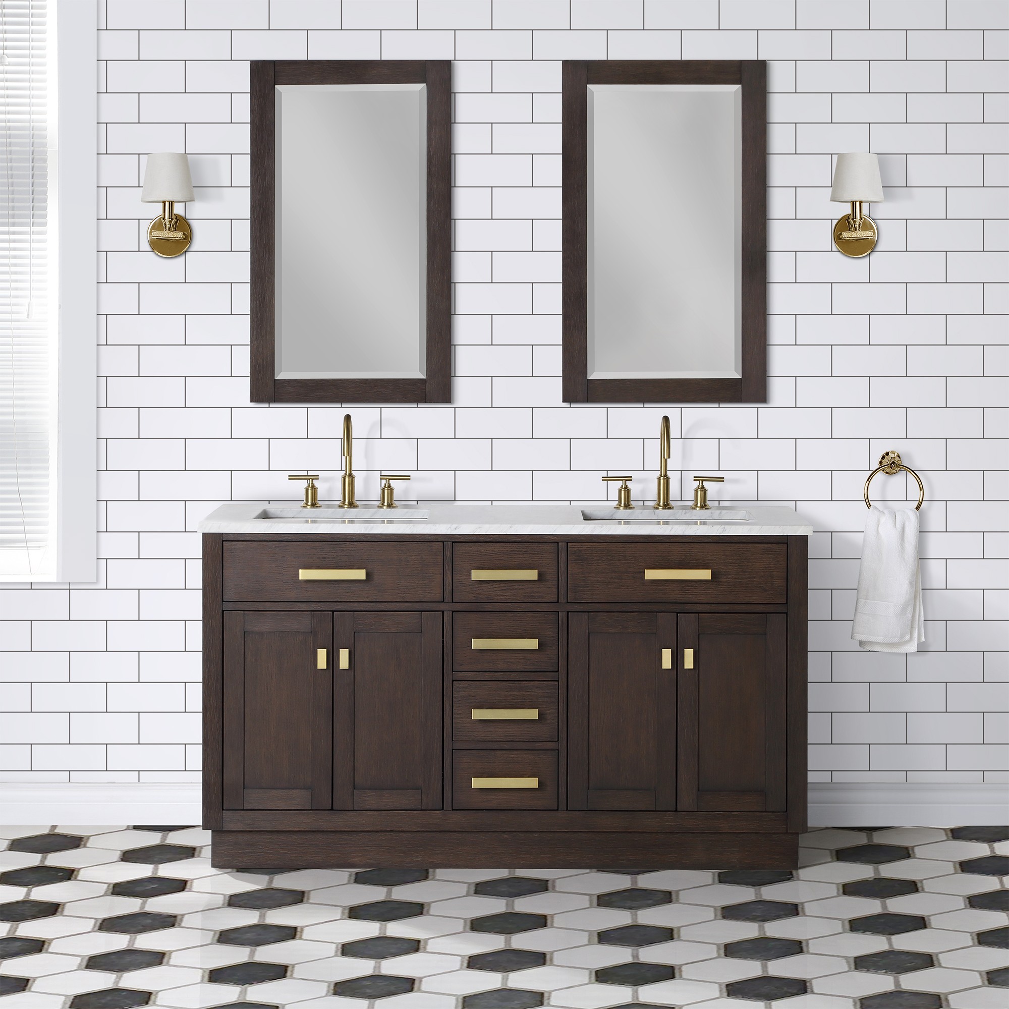 WATER-CREATION CH60CW06BK-R21BL1406 CHESTNUT 60 INCH DOUBLE BATHROOM VANITY WITH MIRRORS IN BROWN OAK