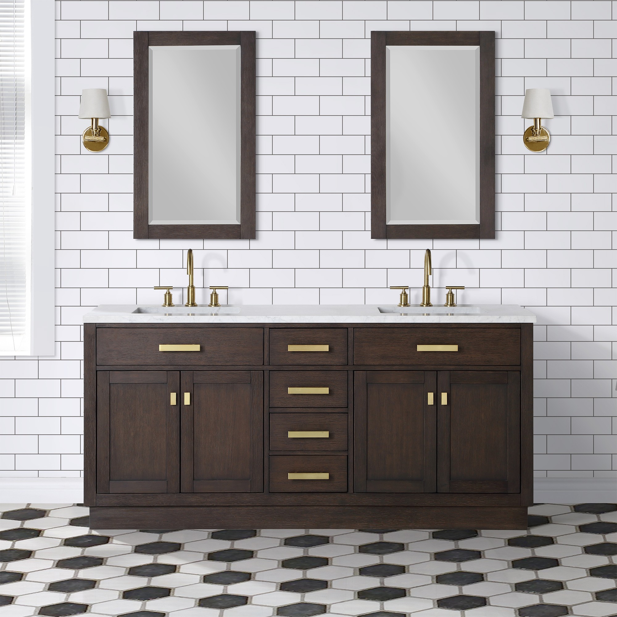 WATER-CREATION CH72CW06BK-R21BL1406 CHESTNUT 72 INCH DOUBLE BATHROOM VANITY WITH MIRRORS IN BROWN OAK