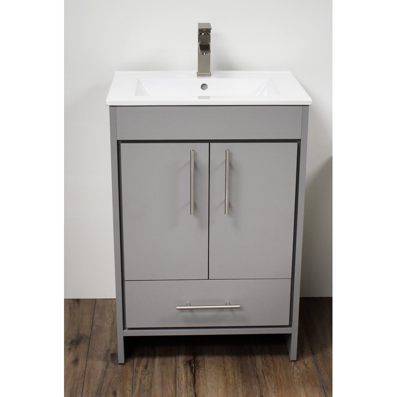 MTD VOLPA USA MTD-3124G-14 PACIFIC 24 INCH MODERN BATHROOM VANITY IN GREY WITH INTEGRATED CERAMIC TOP AND STAINLESS STEEL ROUND HOLLOW HARDWARE