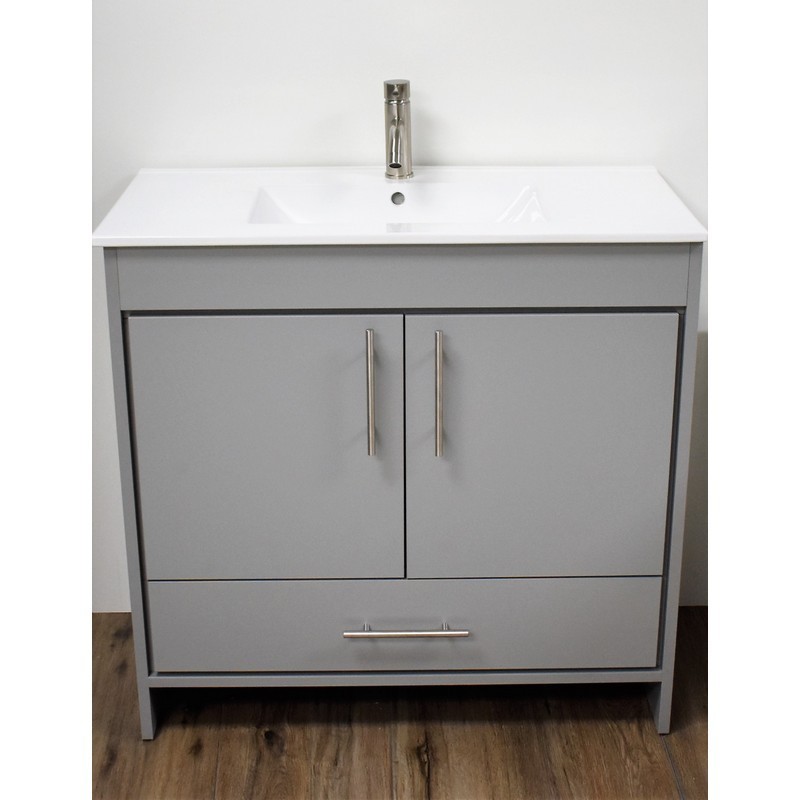 MTD VOLPA USA MTD-3136G-14 PACIFIC 36 INCH MODERN BATHROOM VANITY IN GREY WITH INTEGRATED CERAMIC TOP AND STAINLESS STEEL ROUND HOLLOW HARDWARE