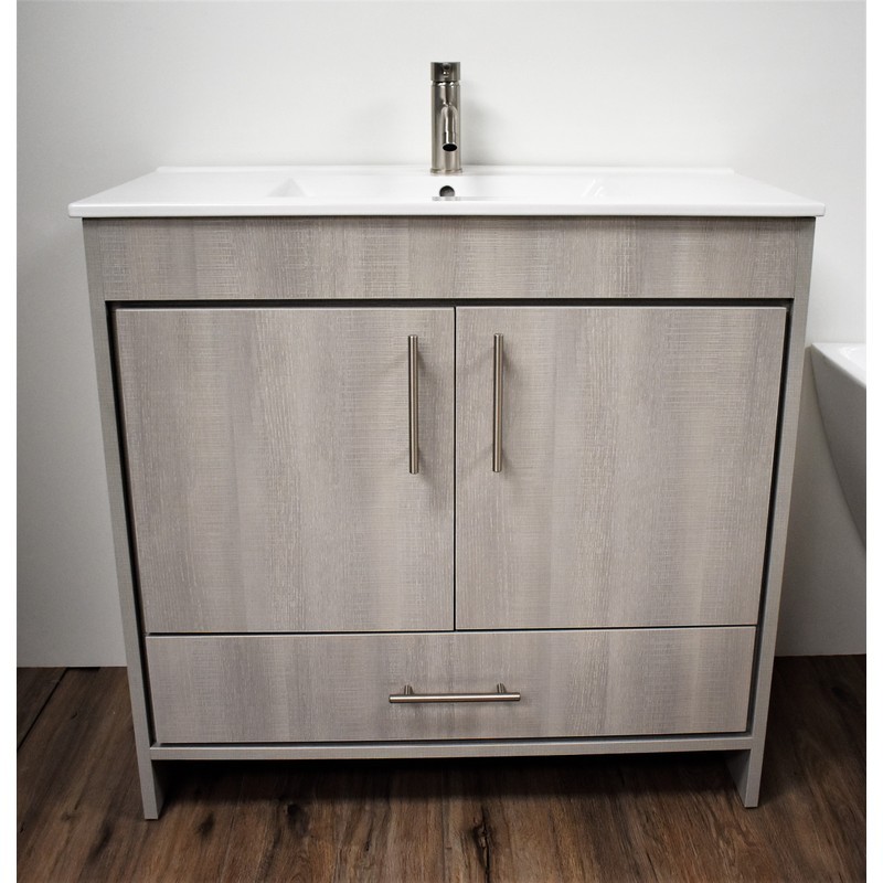 MTD VOLPA USA MTD-3136WG-14 PACIFIC 36 INCH MODERN BATHROOM VANITY IN WEATHERED GREY WITH INTEGRATED CERAMIC TOP AND STAINLESS STEEL ROUND HOLLOW HARDWARE