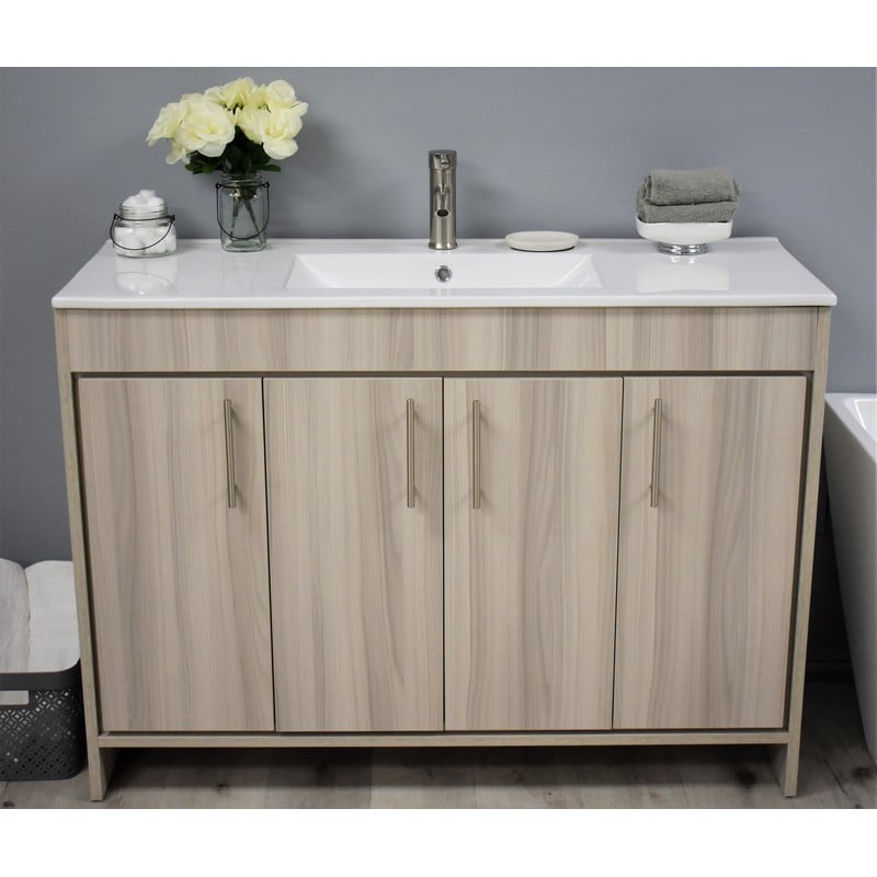 MTD VOLPA USA MTD-3448AG-14 VILLA 48 INCH MODERN BATHROOM VANITY IN ASH GREY WITH INTEGRATED CERAMIC TOP AND STAINLESS STEEL ROUND HOLLOW HARDWARE