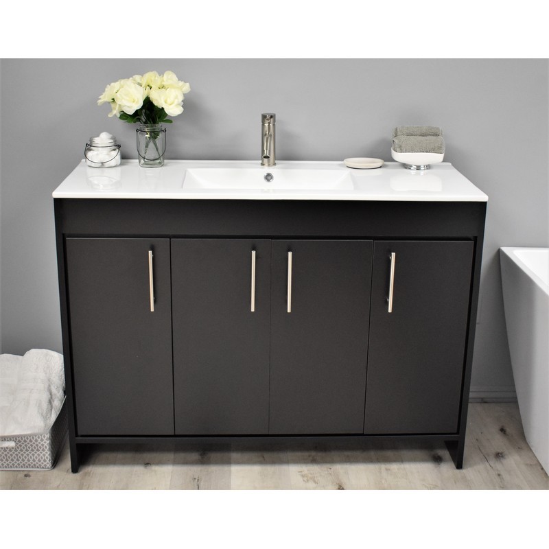MTD VOLPA USA MTD-3448BK-14 VILLA 48 INCH MODERN BATHROOM VANITY IN BLACK WITH INTEGRATED CERAMIC TOP AND STAINLESS STEEL ROUND HOLLOW HARDWARE