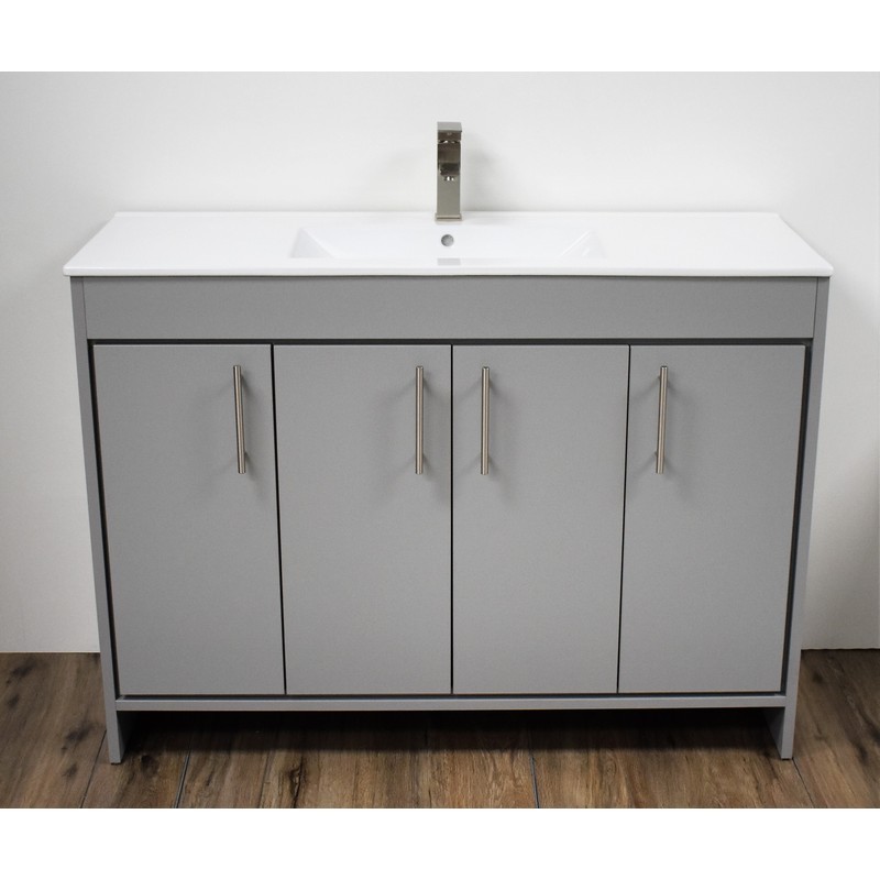 MTD VOLPA USA MTD-3448G-14 VILLA 48 INCH MODERN BATHROOM VANITY IN GREY WITH INTEGRATED CERAMIC TOP AND STAINLESS STEEL ROUND HOLLOW HARDWARE
