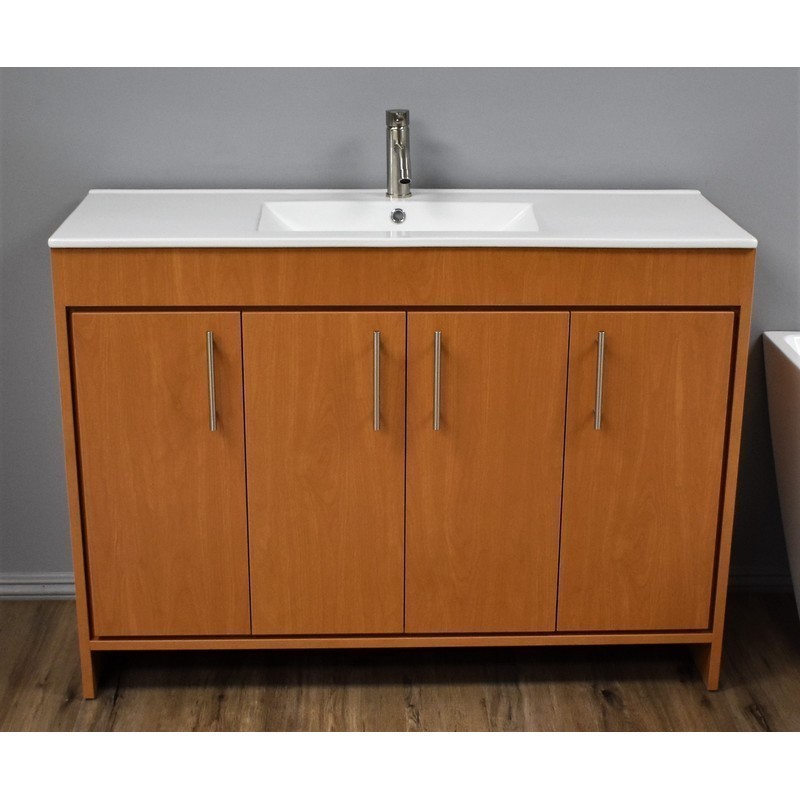 MTD VOLPA USA MTD-3448HM-14 VILLA 48 INCH MODERN BATHROOM VANITY IN HONEY MAPLE WITH INTEGRATED CERAMIC TOP AND STAINLESS STEEL ROUND HOLLOW HARDWARE