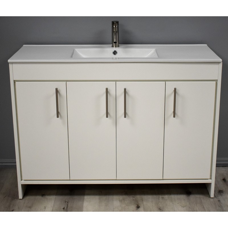 MTD VOLPA USA MTD-3448W-14 VILLA 48 INCH MODERN BATHROOM VANITY IN WHITE WITH INTEGRATED CERAMIC TOP AND STAINLESS STEEL ROUND HOLLOW HARDWARE