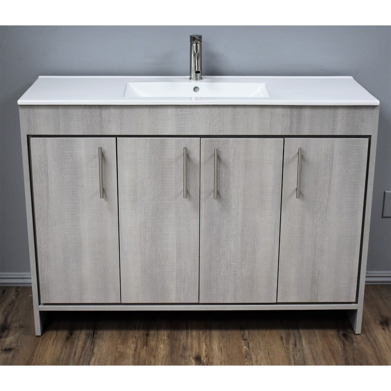 MTD VOLPA USA MTD-3448WG-14 VILLA 48 INCH MODERN BATHROOM VANITY IN WEATHERED GREY WITH INTEGRATED CERAMIC TOP AND STAINLESS STEEL ROUND HOLLOW HARDWARE