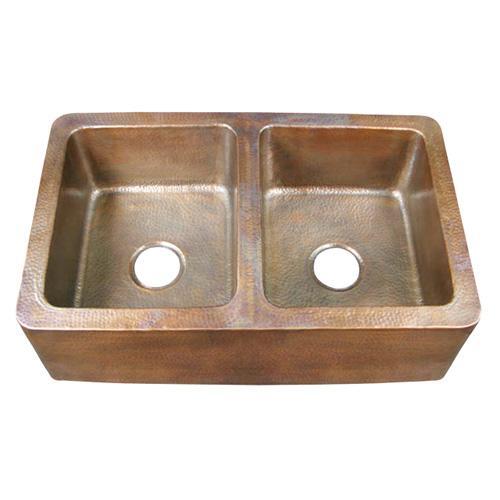 BARCLAY 6942-AC PEMBROKE 33 3/4 INCH DOUBLE BOWL APRON FRONT FARMER KITCHEN SINK - HAMMERED ANTIQUE COPPER