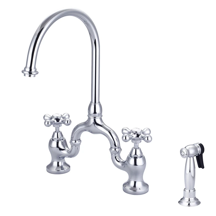 BARCLAY KFB504-MC BANNER 16 5/8 INCH THREE HOLES DECK MOUNT BRIDGE KITCHEN FAUCET WITH SIDE SPRAY AND BUTTON CROSS HANDLES