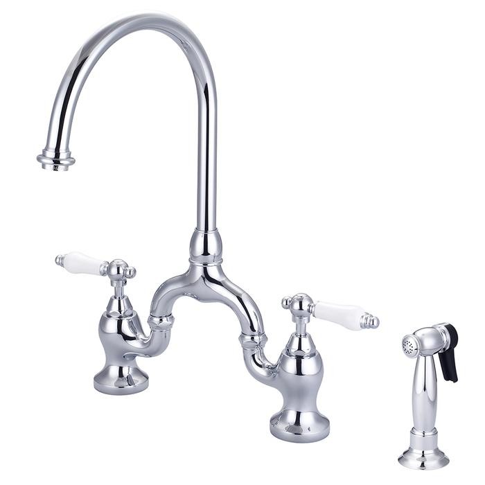 BARCLAY KFB504-PL BANNER 16 5/8 INCH THREE HOLES DECK MOUNT BRIDGE KITCHEN FAUCET WITH SIDE SPRAY AND PORCELAIN LEVER HANDLES
