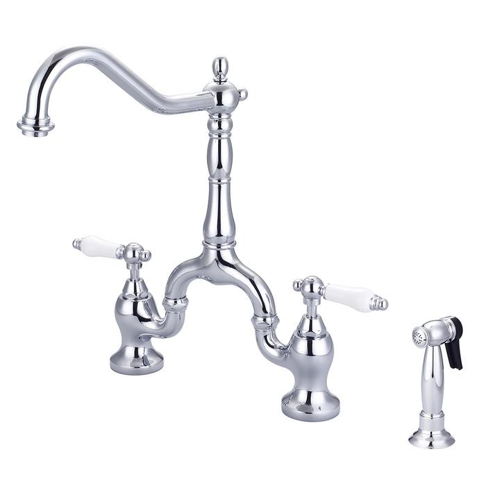 BARCLAY KFB506-PL CARLTON 14 3/4 INCH THREE HOLES DECK MOUNT BRIDGE KITCHEN FAUCET WITH SIDE SPRAY AND PORCELAIN LEVER HANDLES