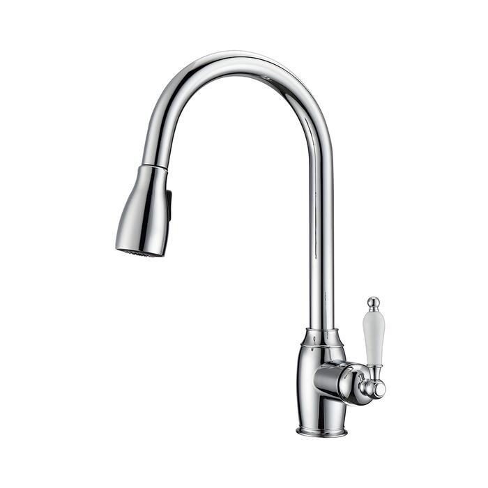BARCLAY KFS409-L3 BISTRO 16 5/8 INCH SINGLE HOLE DECK MOUNT KITCHEN FAUCET WITH PULL-DOWN SPRAY AND PORCELAIN LEVER HANDLE