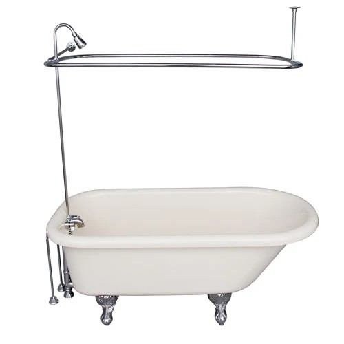 BARCLAY TKADTR60-BCP5 ANTHEA 60 INCH ACRYLIC FREESTANDING CLAWFOOT SOAKER BATHTUB IN BISQUE WITH METAL LEVER TUB FILLER AND 3/4 INCH RECTANGULAR SHOWER UNIT SIDE WALL SUPPORT IN CHROME