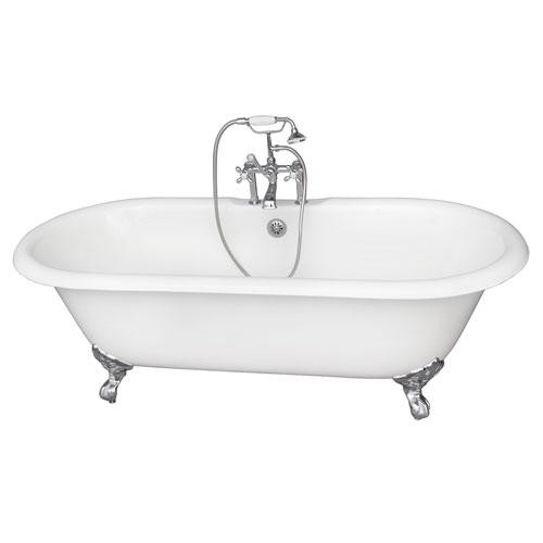 BARCLAY TKCTDRH-CP2 DUET 67 3/4 INCH CAST IRON FREESTANDING CLAWFOOT SOAKER BATHTUB WITH METAL CROSS TUB FILLER AND HANDSHOWER IN CHROME