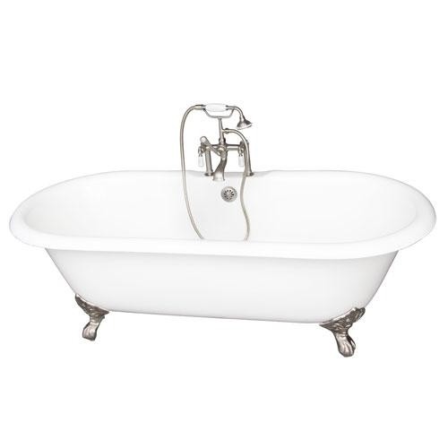 BARCLAY TKCTDRH-SN1 DUET 67 3/4 INCH CAST IRON FREESTANDING CLAWFOOT SOAKER BATHTUB WITH PORCELAIN LEVER TUB FILLER AND HANDSHOWER IN SATIN NICKEL