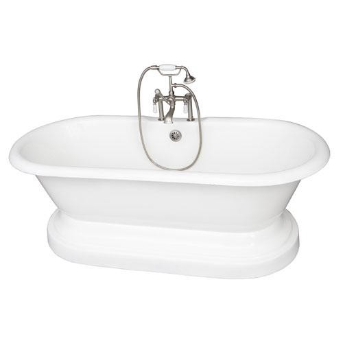 BARCLAY TKCTDRHB-SN1 DUET 66 INCH CAST IRON FREESTANDING SOAKER BATHTUB WITH PORCELAIN LEVER TUB FILLER AND HANDSHOWER IN SATIN NICKEL