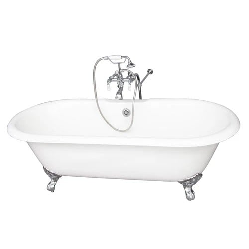 BARCLAY TKCTDRN-CP1 DUET 67 3/4 INCH CAST IRON FREESTANDING CLAWFOOT SOAKER BATHTUB IN WHITE WITH PORCELAIN LEVER TUB FILLER AND HAND SHOWER IN CHROME