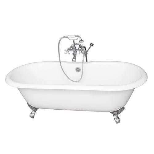 BARCLAY TKCTDRN-CP2 DUET 67 3/4 INCH CAST IRON FREESTANDING CLAWFOOT SOAKER BATHTUB IN WHITE WITH METAL CROSS TUB FILLER AND HAND SHOWER IN CHROME