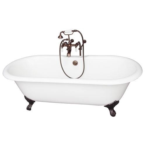 BARCLAY TKCTDRN-ORB1 DUET 67 3/4 INCH CAST IRON FREESTANDING CLAWFOOT SOAKER BATHTUB IN WHITE WITH PORCELAIN LEVER TUB FILLER AND HAND SHOWER IN OIL RUBBED BRONZE