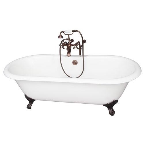 BARCLAY TKCTDRN-ORB2 DUET 67 3/4 INCH CAST IRON FREESTANDING CLAWFOOT SOAKER BATHTUB IN WHITE WITH METAL CROSS TUB FILLER AND HAND SHOWER IN OIL RUBBED BRONZE