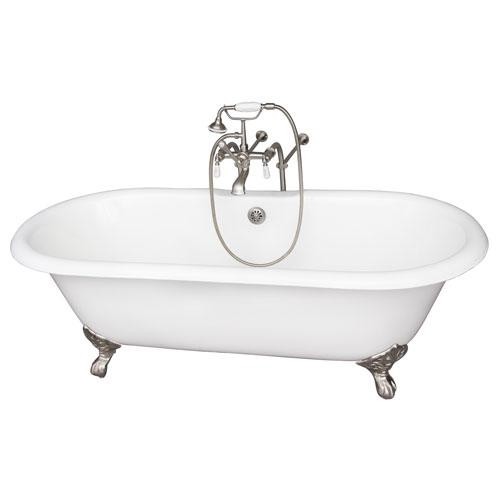 BARCLAY TKCTDRN-SN1 DUET 67 3/4 INCH CAST IRON FREESTANDING CLAWFOOT SOAKER BATHTUB IN WHITE WITH PORCELAIN LEVER TUB FILLER AND HAND SHOWER IN SATIN NICKEL