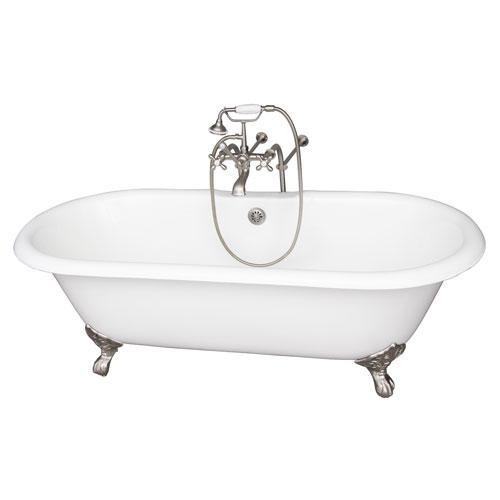 BARCLAY TKCTDRN-SN2 DUET 67 3/4 INCH CAST IRON FREESTANDING CLAWFOOT SOAKER BATHTUB IN WHITE WITH METAL CROSS TUB FILLER AND HAND SHOWER IN SATIN NICKEL