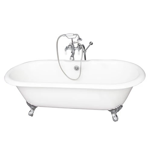 BARCLAY TKCTDRN61-CP1 COLUMBUS 61 INCH CAST IRON FREESTANDING CLAWFOOT SOAKER BATHTUB IN WHITE WITH PORCELAIN LEVER TUB FILLER AND HAND SHOWER IN CHROME