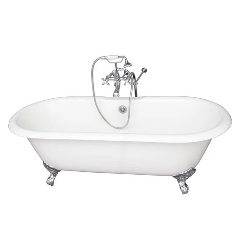 BARCLAY TKCTDRN61-CP2 COLUMBUS 61 INCH CAST IRON FREESTANDING CLAWFOOT SOAKER BATHTUB IN WHITE WITH METAL CROSS TUB FILLER AND HAND SHOWER IN CHROME