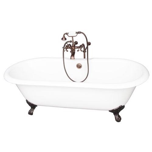 BARCLAY TKCTDRN61-ORB2 COLUMBUS 61 INCH CAST IRON FREESTANDING CLAWFOOT SOAKER BATHTUB IN WHITE WITH METAL CROSS TUB FILLER AND HAND SHOWER IN OIL RUBBED BRONZE