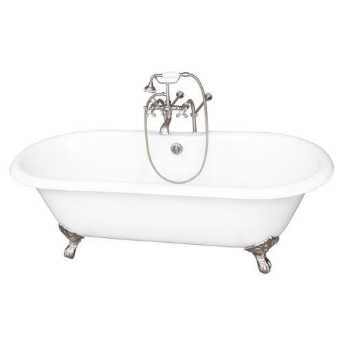 BARCLAY TKCTDRN61-SN2 COLUMBUS 61 INCH CAST IRON FREESTANDING CLAWFOOT SOAKER BATHTUB IN WHITE WITH METAL CROSS TUB FILLER AND HAND SHOWER IN SATIN NICKEL