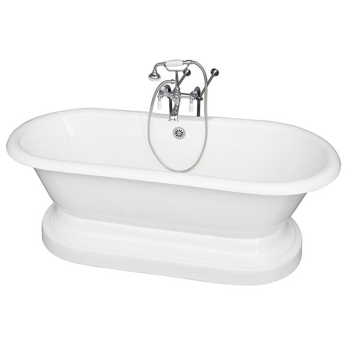 BARCLAY TKCTDRNB-CP1 DUET 66 INCH CAST IRON FREESTANDING SOAKER BATHTUB IN WHITE WITH PORCELAIN LEVER TUB FILLER AND HAND SHOWER IN CHROME