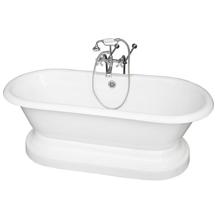 BARCLAY TKCTDRNB-CP2 DUET 66 INCH CAST IRON FREESTANDING SOAKER BATHTUB IN WHITE WITH METAL CROSS TUB FILLER AND HAND SHOWER IN CHROME