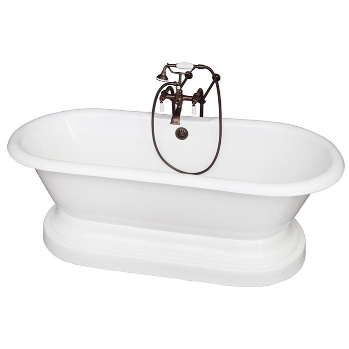 BARCLAY TKCTDRNB-ORB1 DUET 66 INCH CAST IRON FREESTANDING SOAKER BATHTUB IN WHITE WITH PORCELAIN LEVER TUB FILLER AND HAND SHOWER IN OIL RUBBED BRONZE