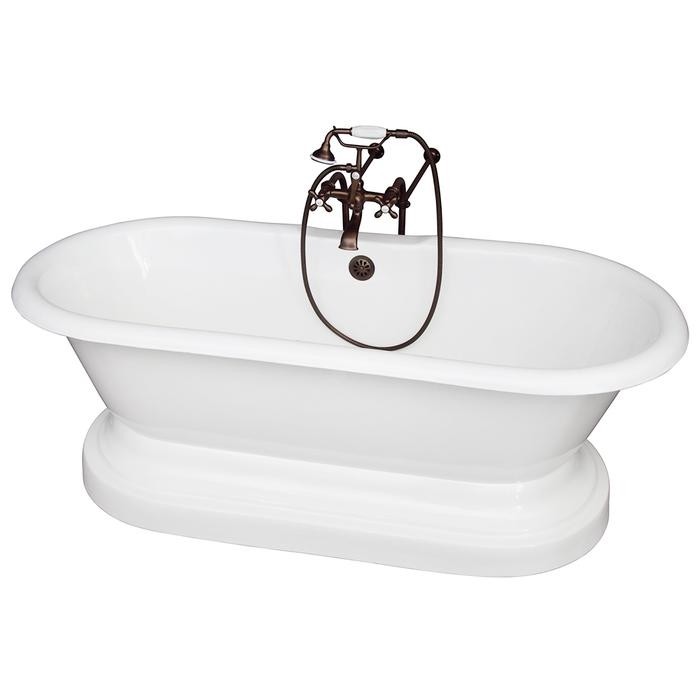 BARCLAY TKCTDRNB-ORB2 DUET 66 INCH CAST IRON FREESTANDING SOAKER BATHTUB IN WHITE WITH METAL CROSS TUB FILLER AND HAND SHOWER IN OIL RUBBED BRONZE