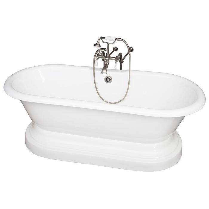 BARCLAY TKCTDRNB-SN1 DUET 66 INCH CAST IRON FREESTANDING SOAKER BATHTUB IN WHITE WITH PORCELAIN LEVER TUB FILLER AND HAND SHOWER IN SATIN NICKEL