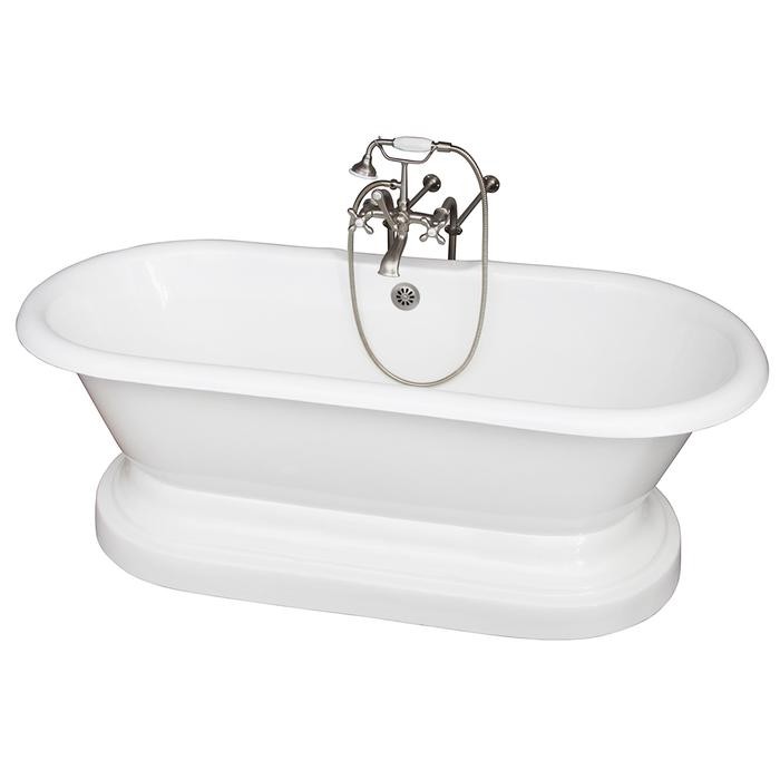 BARCLAY TKCTDRNB-SN2 DUET 66 INCH CAST IRON FREESTANDING SOAKER BATHTUB IN WHITE WITH METAL CROSS TUB FILLER AND HAND SHOWER IN SATIN NICKEL