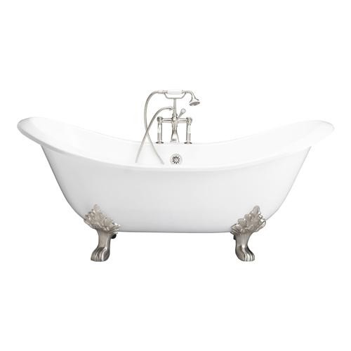 BARCLAY TKCTDSH-SN1 MARSHALL 72 INCH CAST IRON FREESTANDING CLAWFOOT SOAKER BATHTUB IN WHITE WITH 7 INCH DECK HOLE PORCELAIN LEVER TUB FILLER IN SATIN NICKEL
