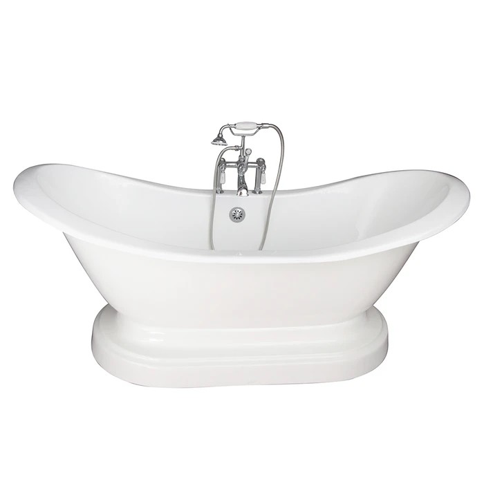BARCLAY TKCTDSHB-CP2 MARSHALL 71 INCH CAST IRON FREESTANDING SOAKER BATHTUB IN WHITE WITH METAL CROSS TUB FILLER AND HAND SHOWER IN CHROME