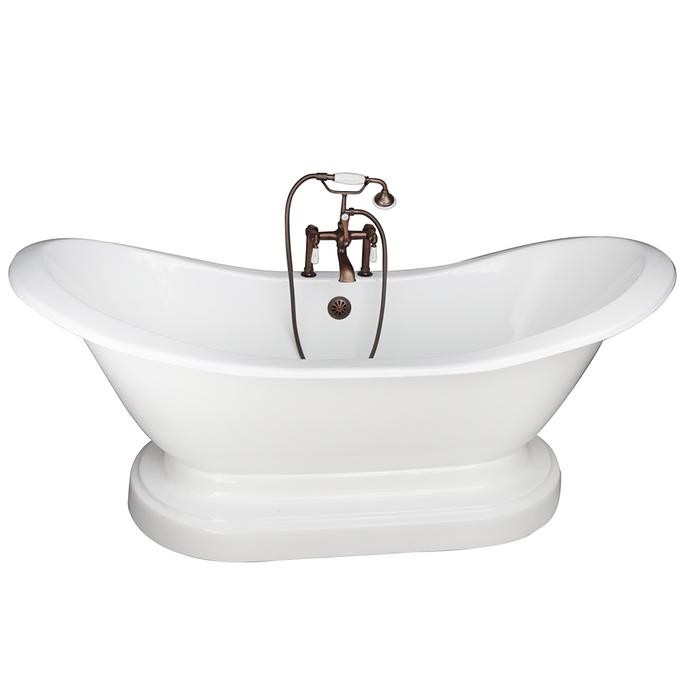 BARCLAY TKCTDSHB-ORB1 MARSHALL 71 INCH CAST IRON FREESTANDING SOAKER BATHTUB IN WHITE WITH PORCELAIN LEVER TUB FILLER AND HAND SHOWER IN OIL RUBBED BRONZE